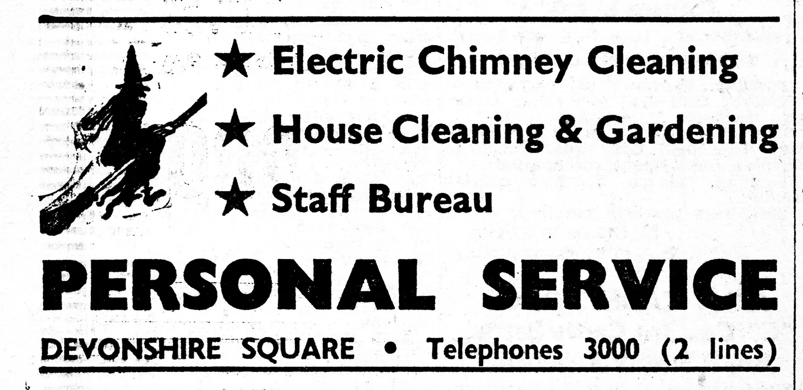 'Personal Service' advertisement with a witch on a broomstick, Bexhill Observer, 25 February 1950