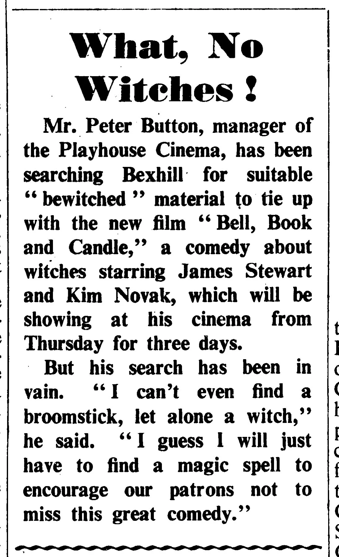 'What, No Witches!', Bexhill Observer, 17 January 1959