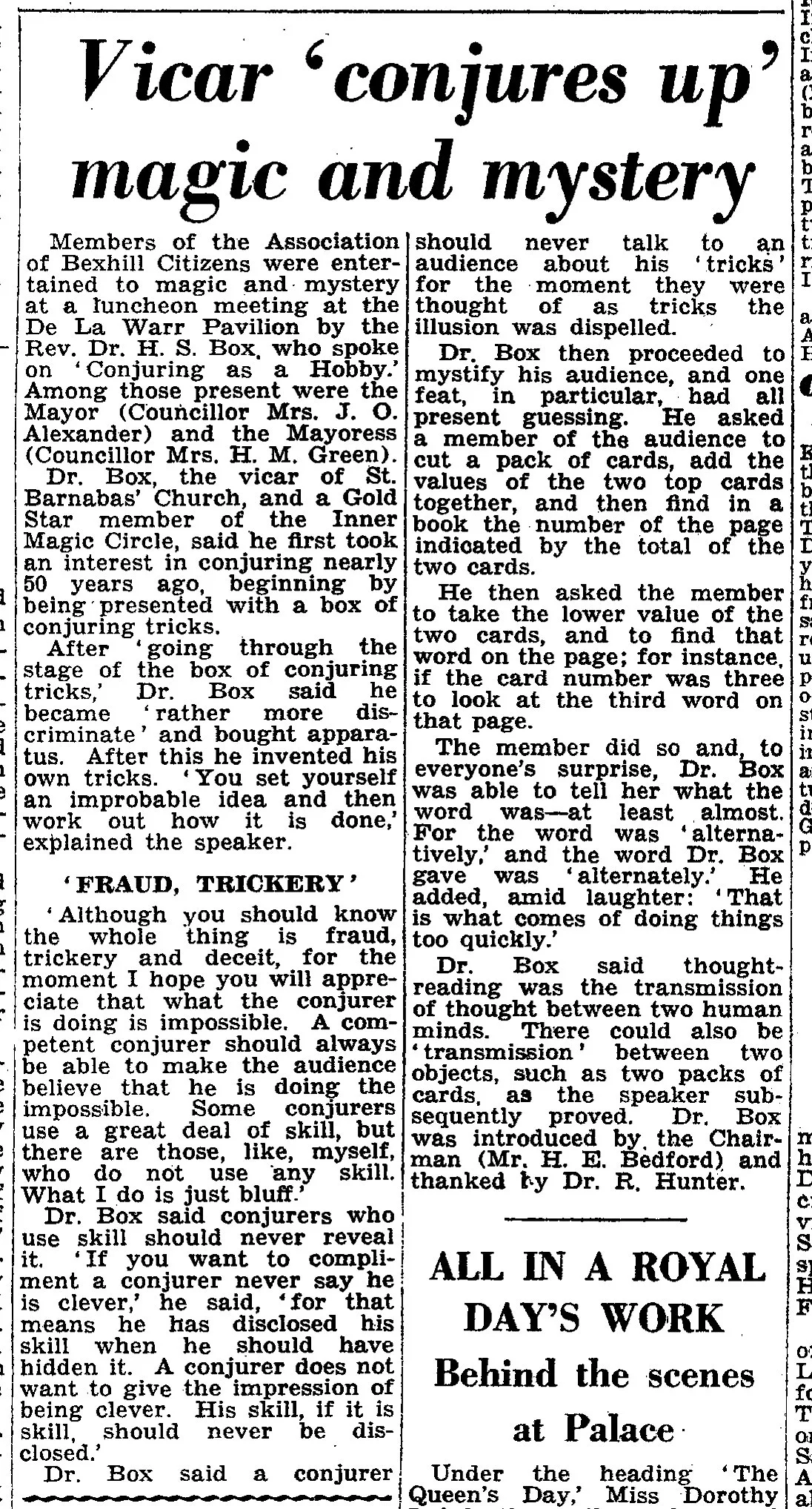 'Vicar conjures up magic and mystery', Bexhill Observer, 23 February 1963
