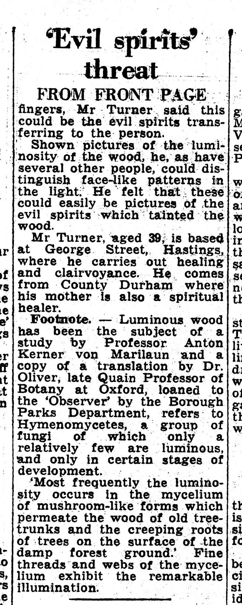 ''Evil spirits' threat from glowing wood', Bexhill Observer, 9 October 1971