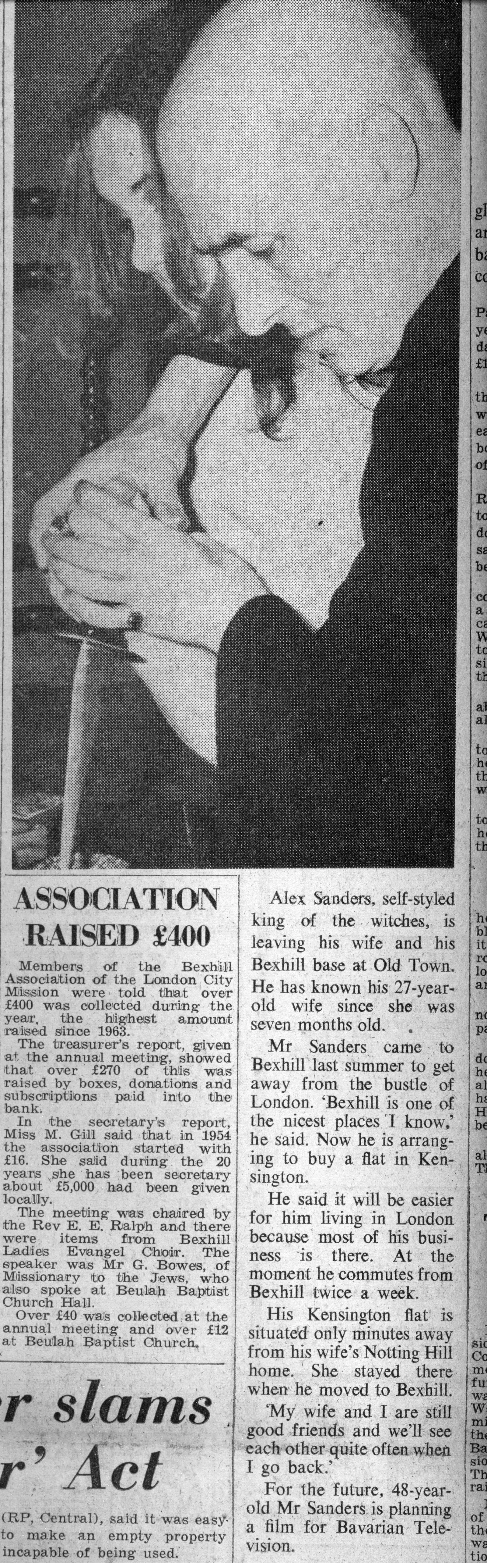 Report that Alex Sanders was leaving Bexhill, Bexhill Observer, 11 May 1974