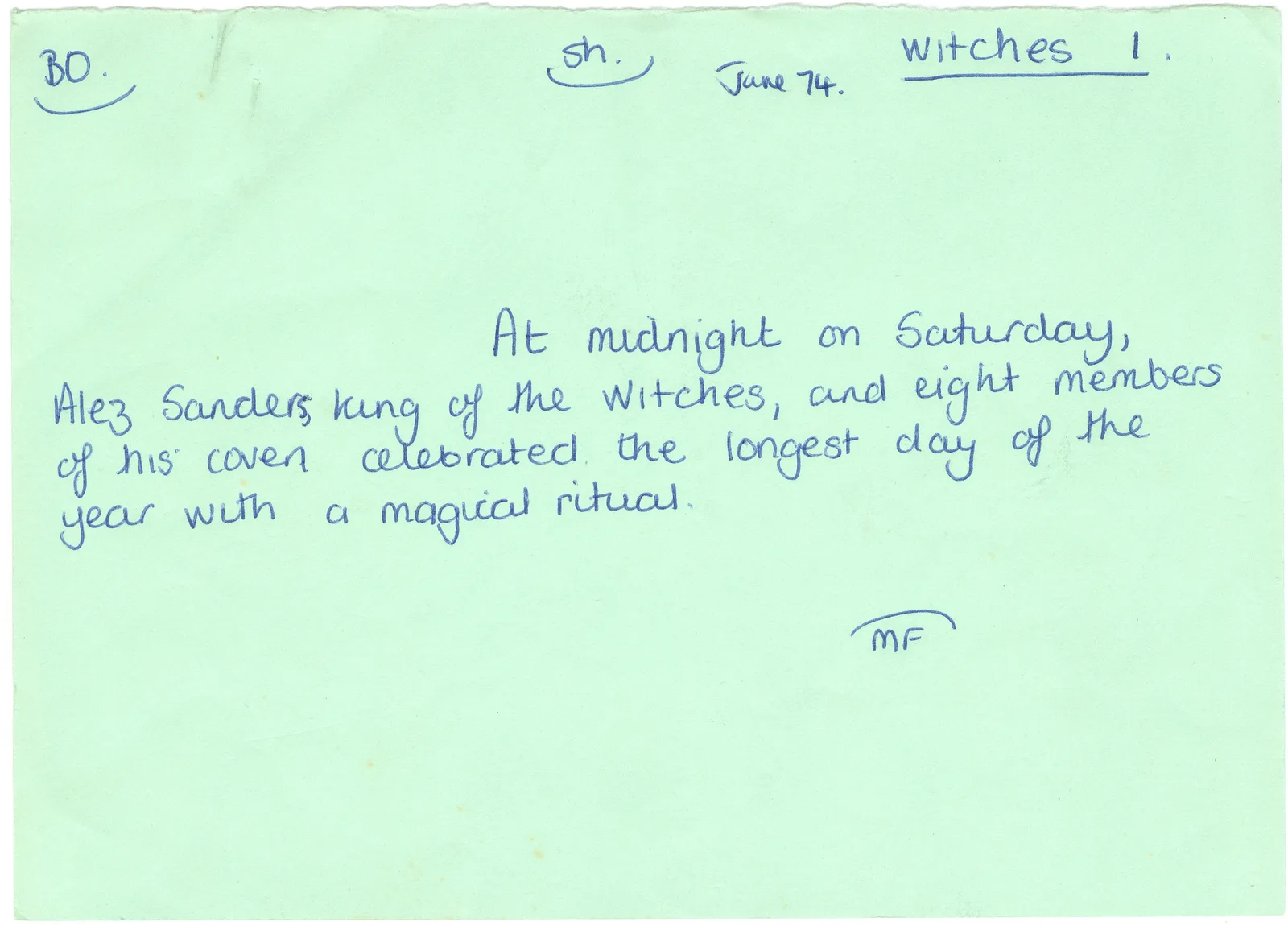 Six green caption cards, 'Witches 1' to 'Witches 6', June 1974