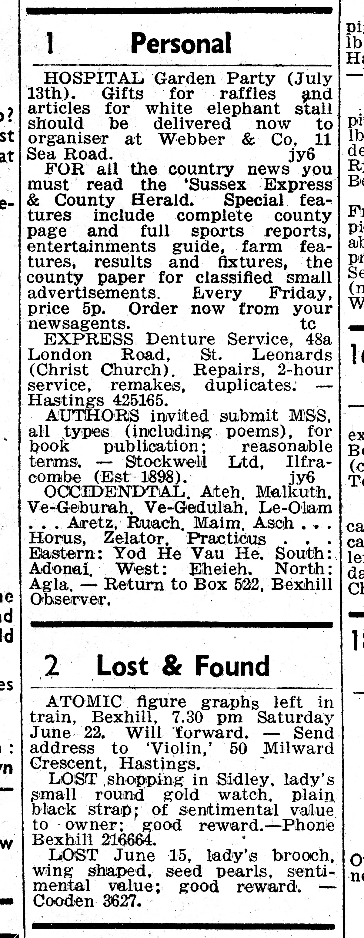 Personal advertisement beginning 'OCCIDENDTAL', Bexhill Observer, 29 June 1974