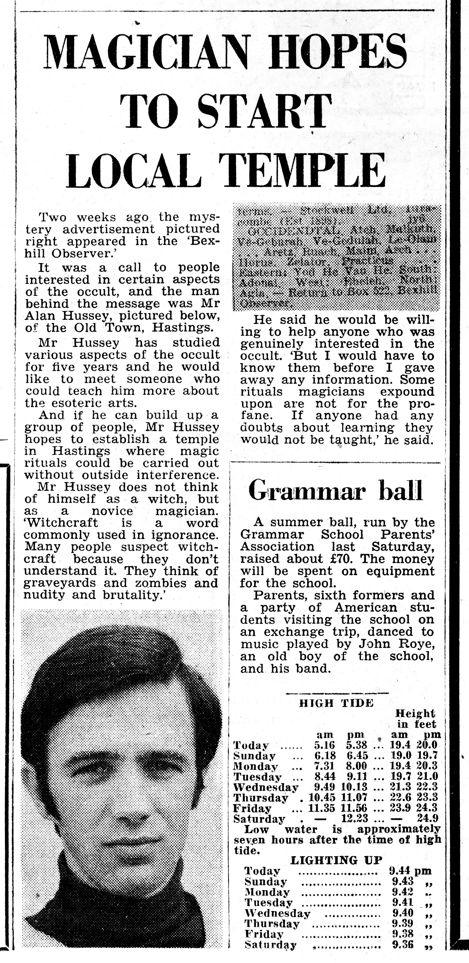 'Magician hopes to start local temple', Bexhill Observer, 13 July 1974