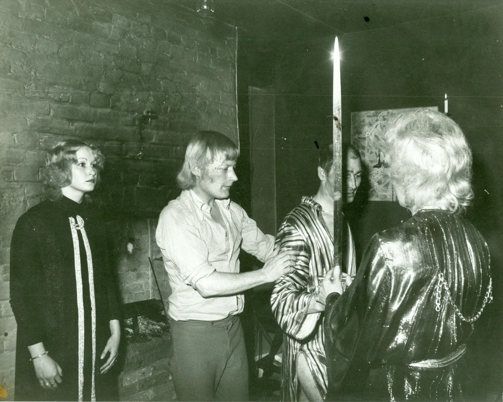 Ceremony at Chantry Cottage: visiting magician, Alex Sanders and the high priestess with a sword, 23 April 1975