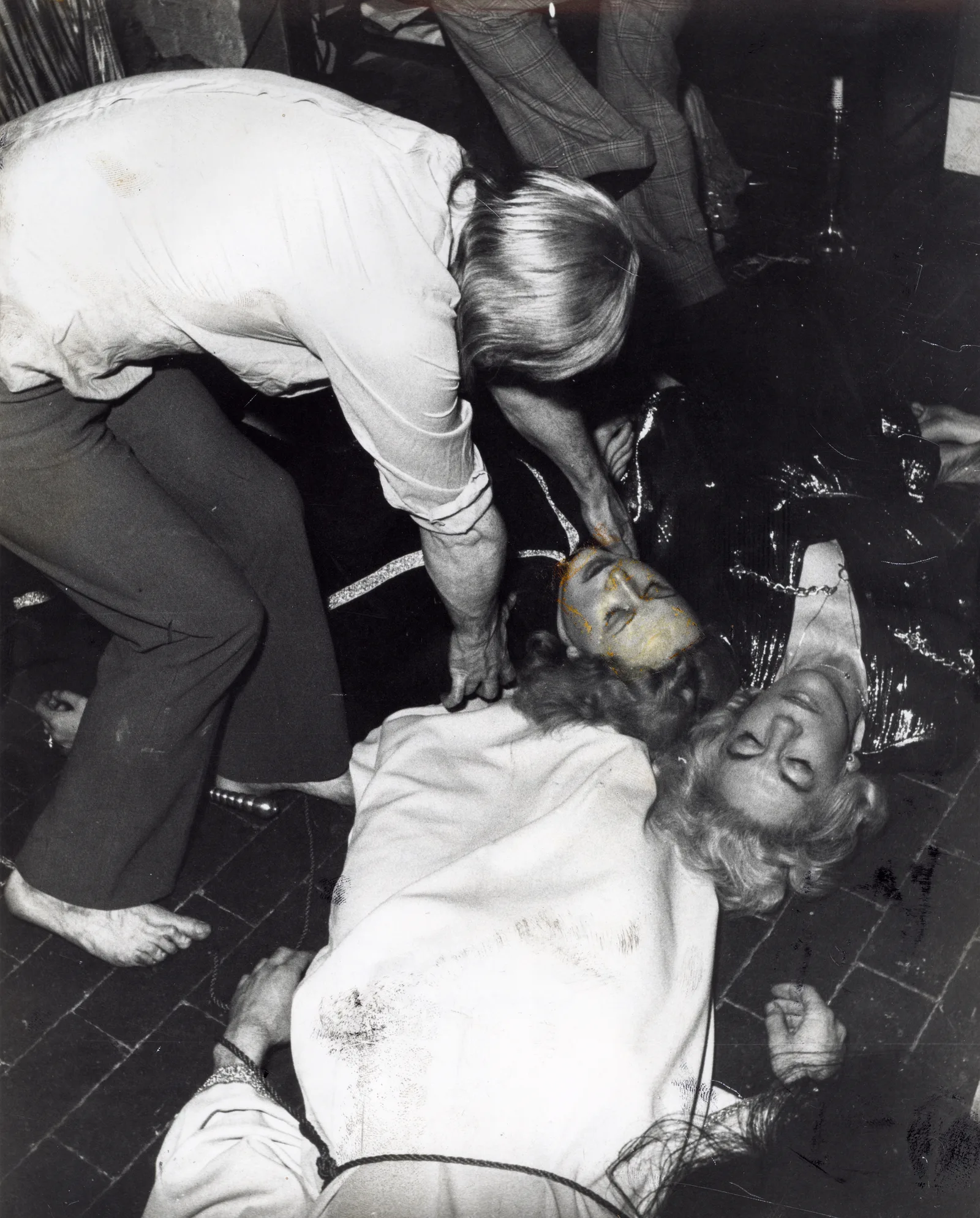 The visiting magician with coven members lying on the floor, Chantry Cottage, 23 April 1975