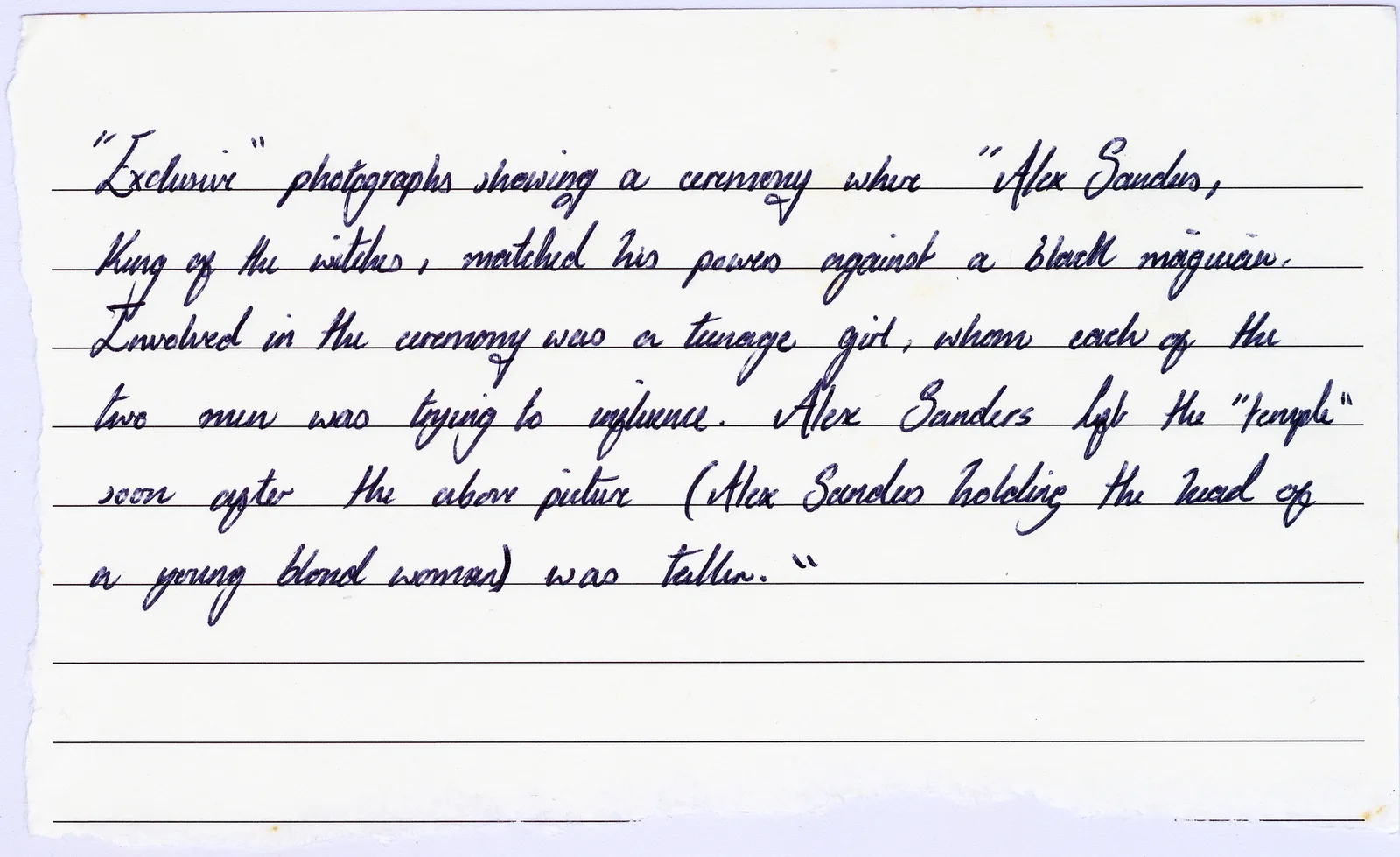 Handwritten caption card for the 'black magic battle' photographs, 1975