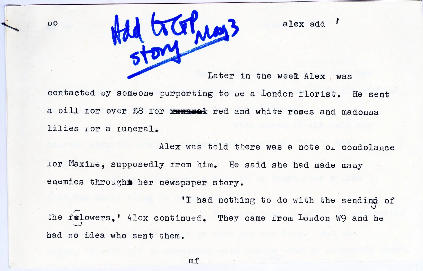 Card 'Story May 3': funeral flowers and Maxine Sanders' reply, 1975