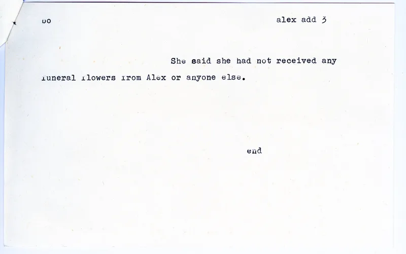 Card 'Story May 3': funeral flowers and Maxine Sanders' reply, 1975