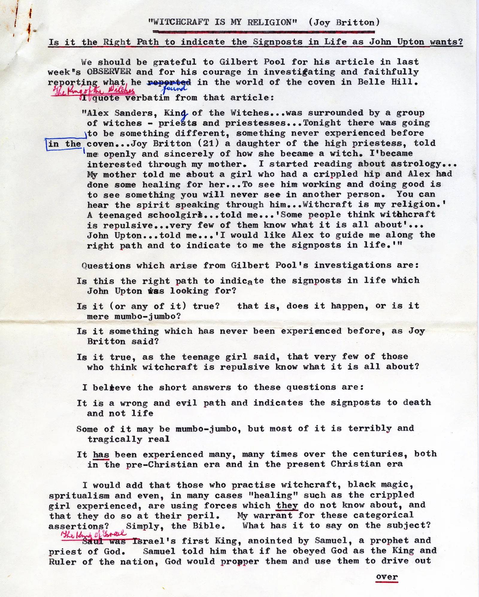 Reader's letter to the Bexhill Observer on the witchcraft story, three pages, 1975