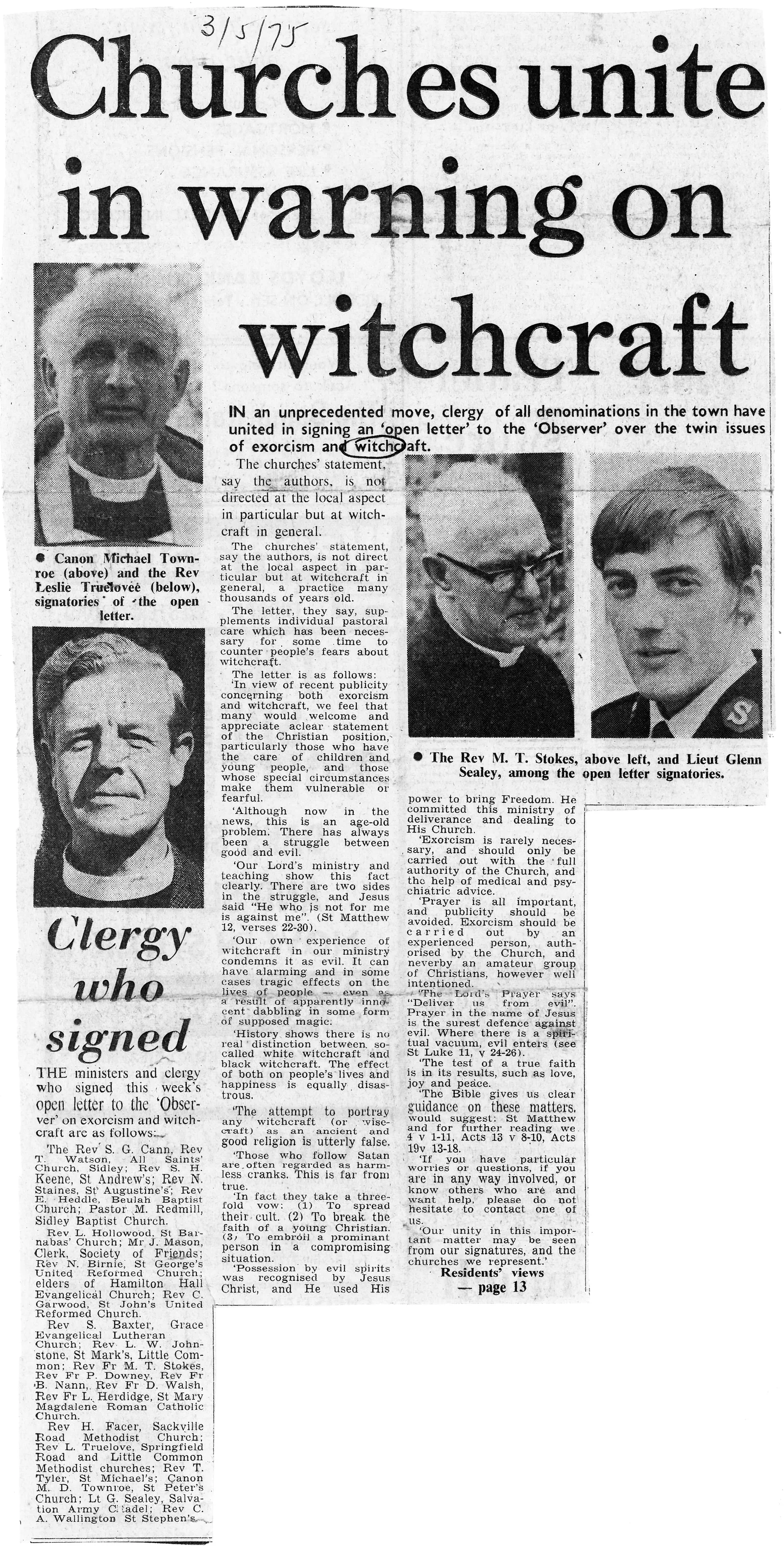'Churches unite in warning on witchcraft', Bexhill Observer, 3 May 1975