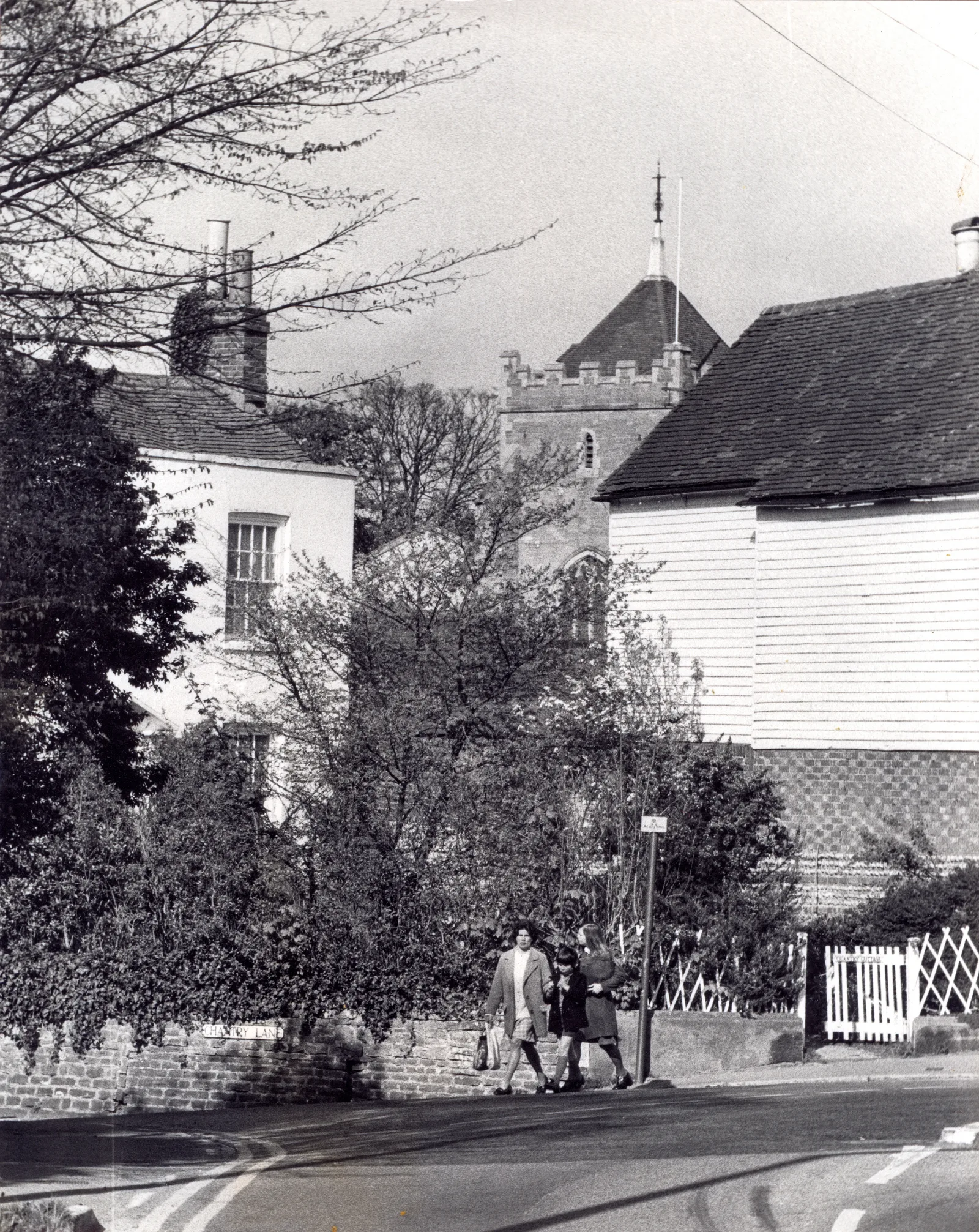 Chantry Cottage and St Peter's Church tower, Bexhill Old Town, 3 May 1975