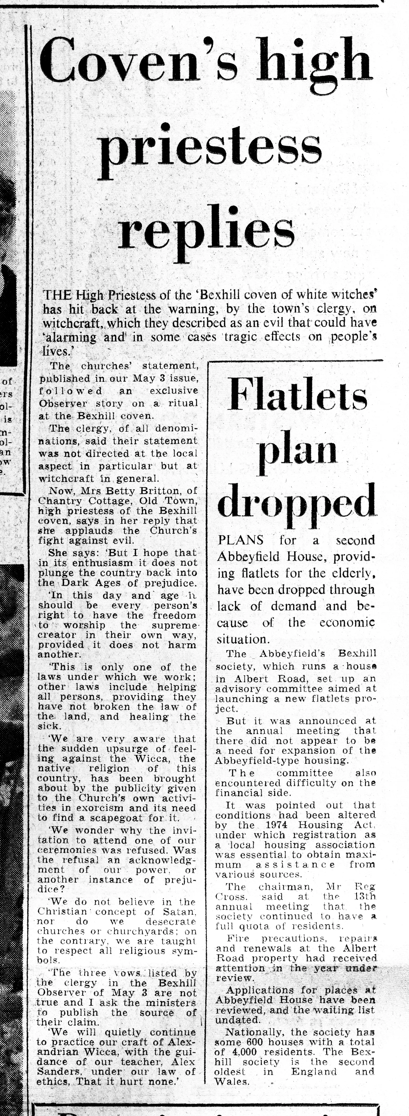 'Coven's high priestess replies', Bexhill Observer, 17 May 1975