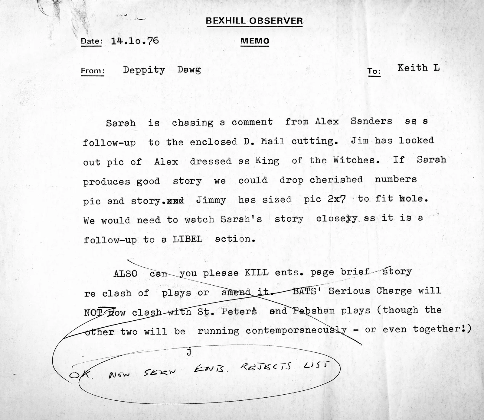 Bexhill Observer internal memo on the Daily Mail story, 14 October 1976