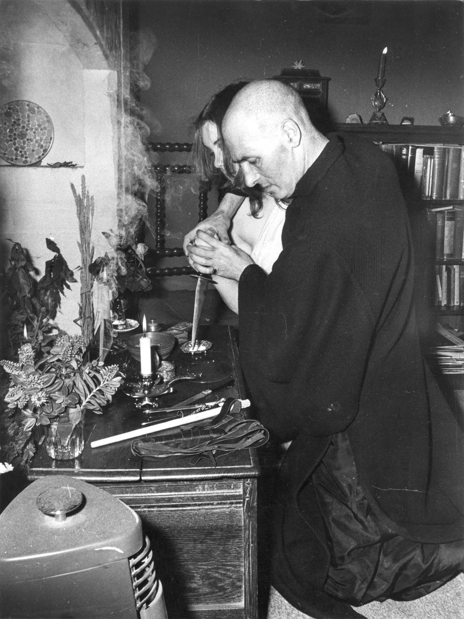 Alex Sanders at the altar in the temple, Chantry Cottage, 8 May 1974