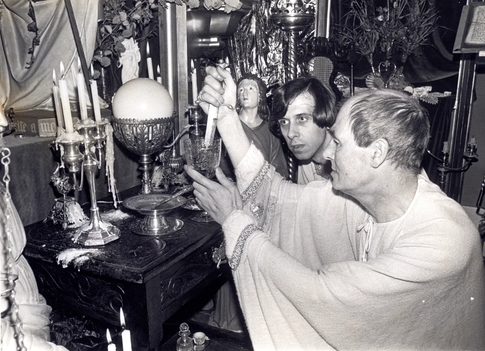 Alex Sanders and Alan Barnett at the altar, Chantry Cottage, 27 October 1977