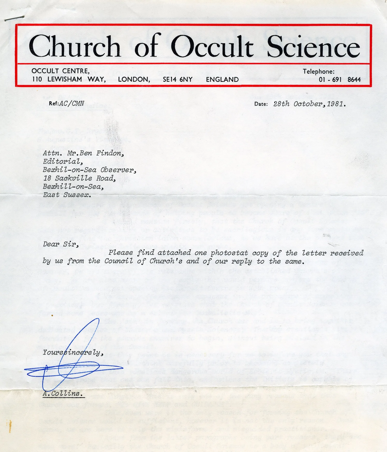 Letter from the Church of Occult Science to the Bexhill Observer, with copy of its reply to the Council of Churches, 28 October 1981