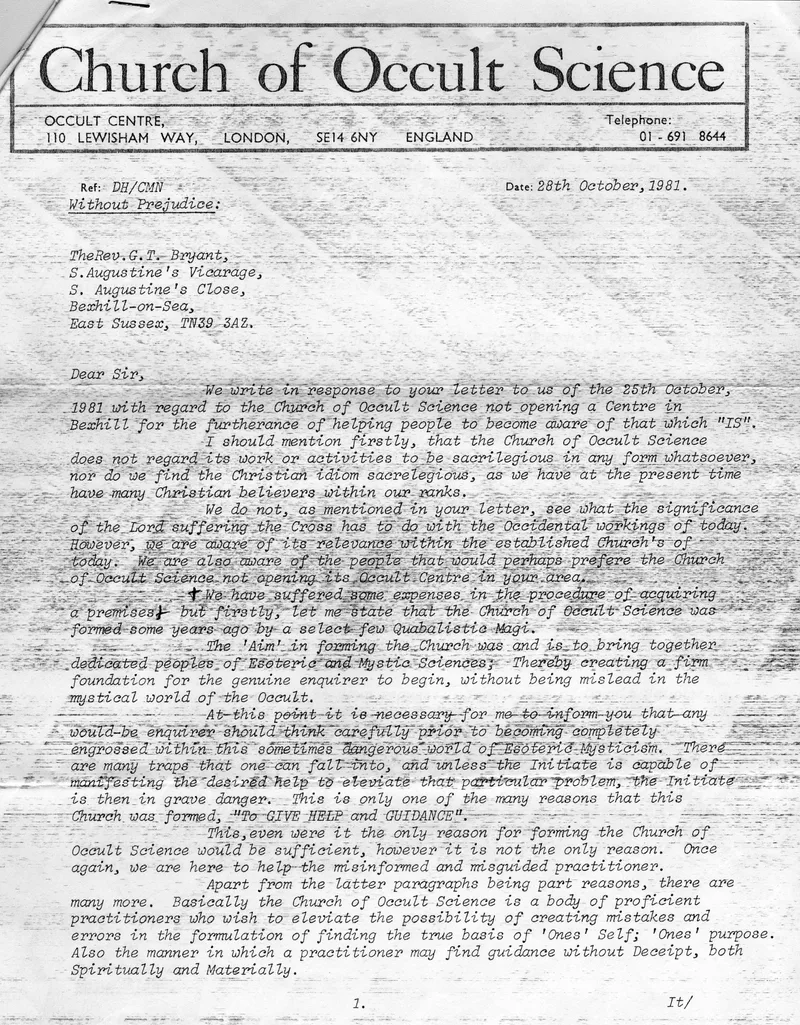 Letter from the Church of Occult Science to the Bexhill Observer, with copy of its reply to the Council of Churches, 28 October 1981