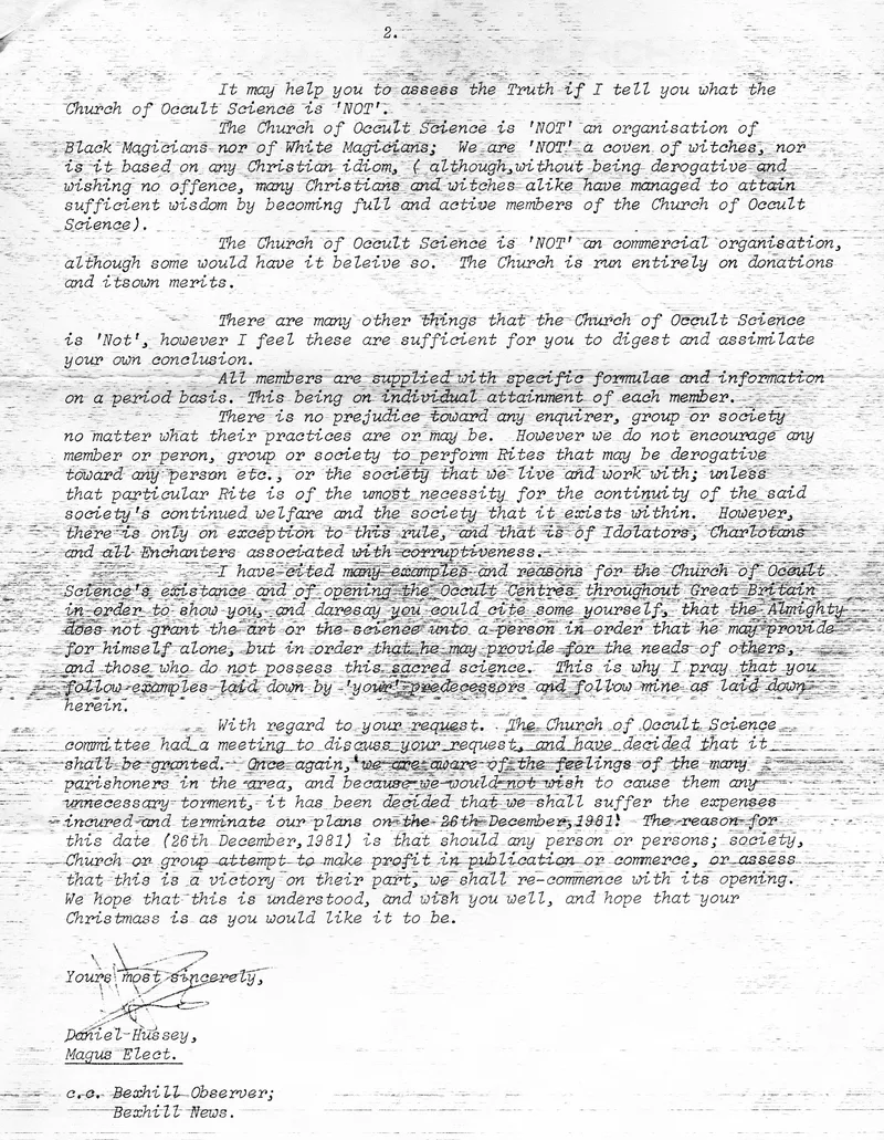 Letter from the Church of Occult Science to the Bexhill Observer, with copy of its reply to the Council of Churches, 28 October 1981