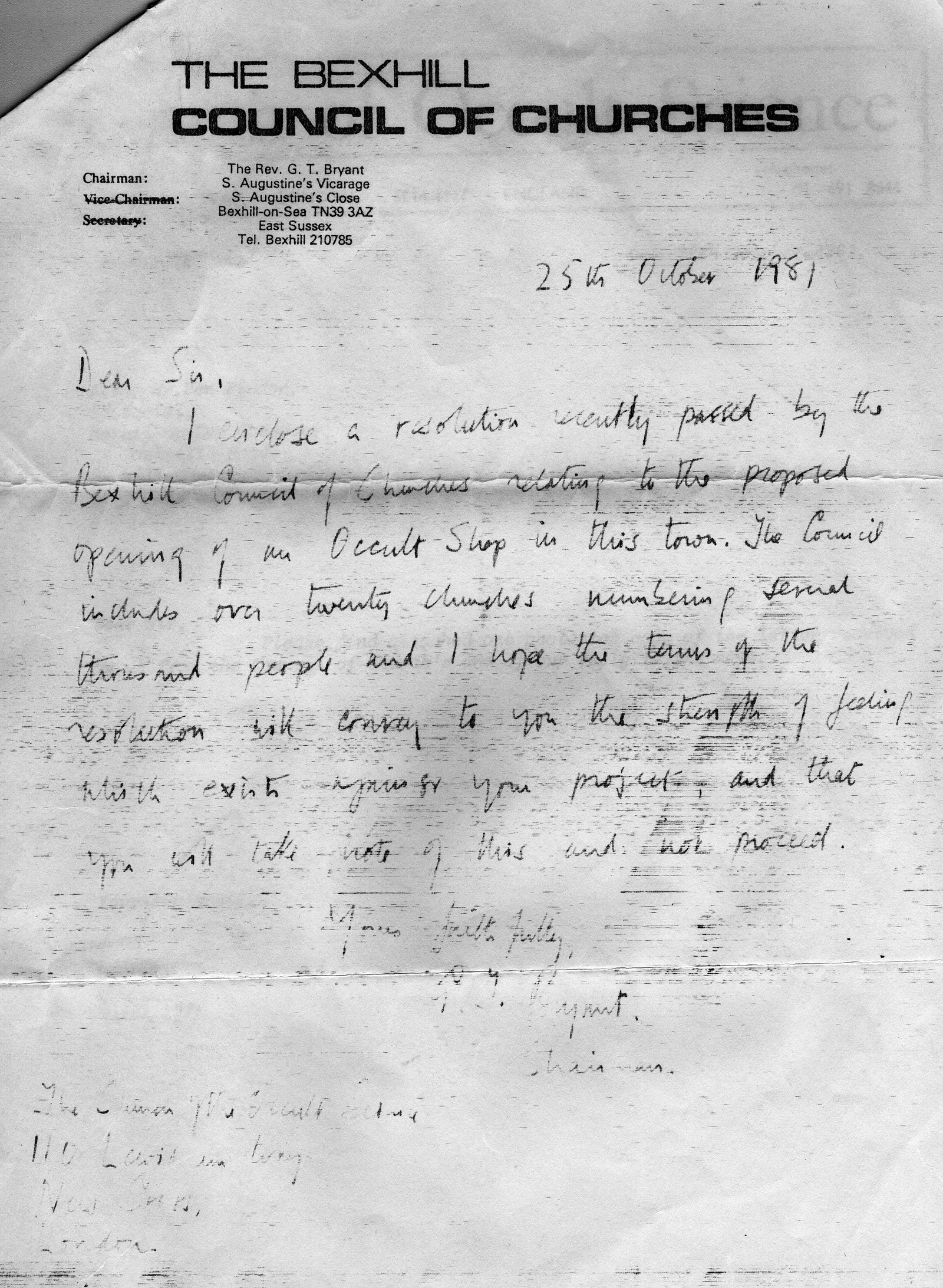 Copy of a letter from the Bexhill Council of Churches to the Church of Occult Science, 25 October 1981