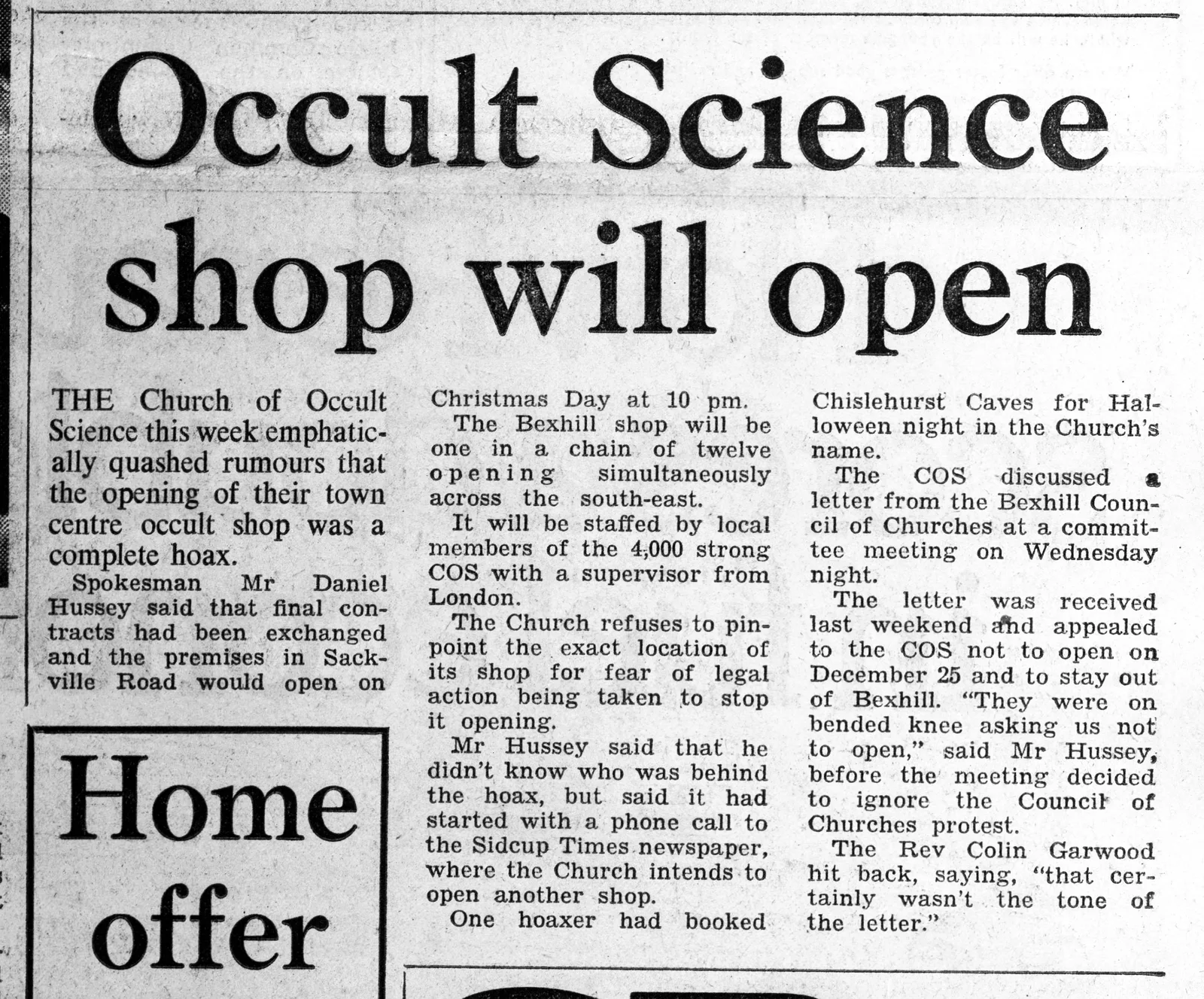 'Occult Science shop will open', Bexhill Observer, 31 October 1981