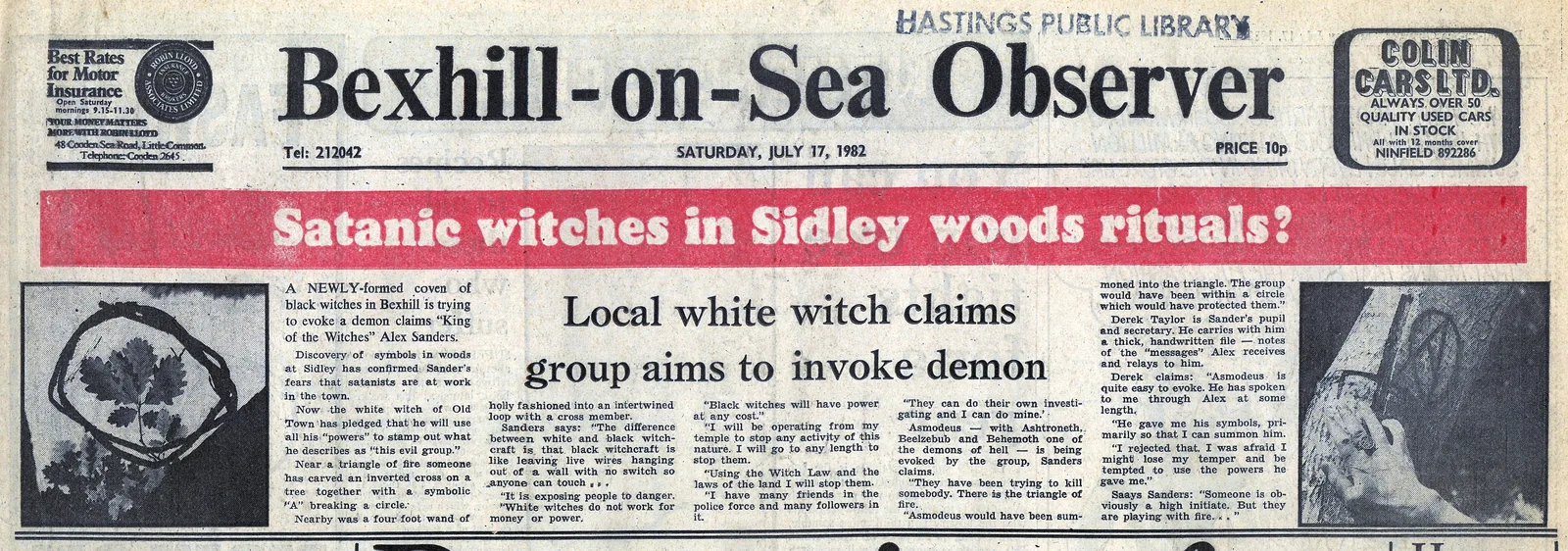'Satanic witches in Sidley woods rituals?', Bexhill Observer, 17 July 1982