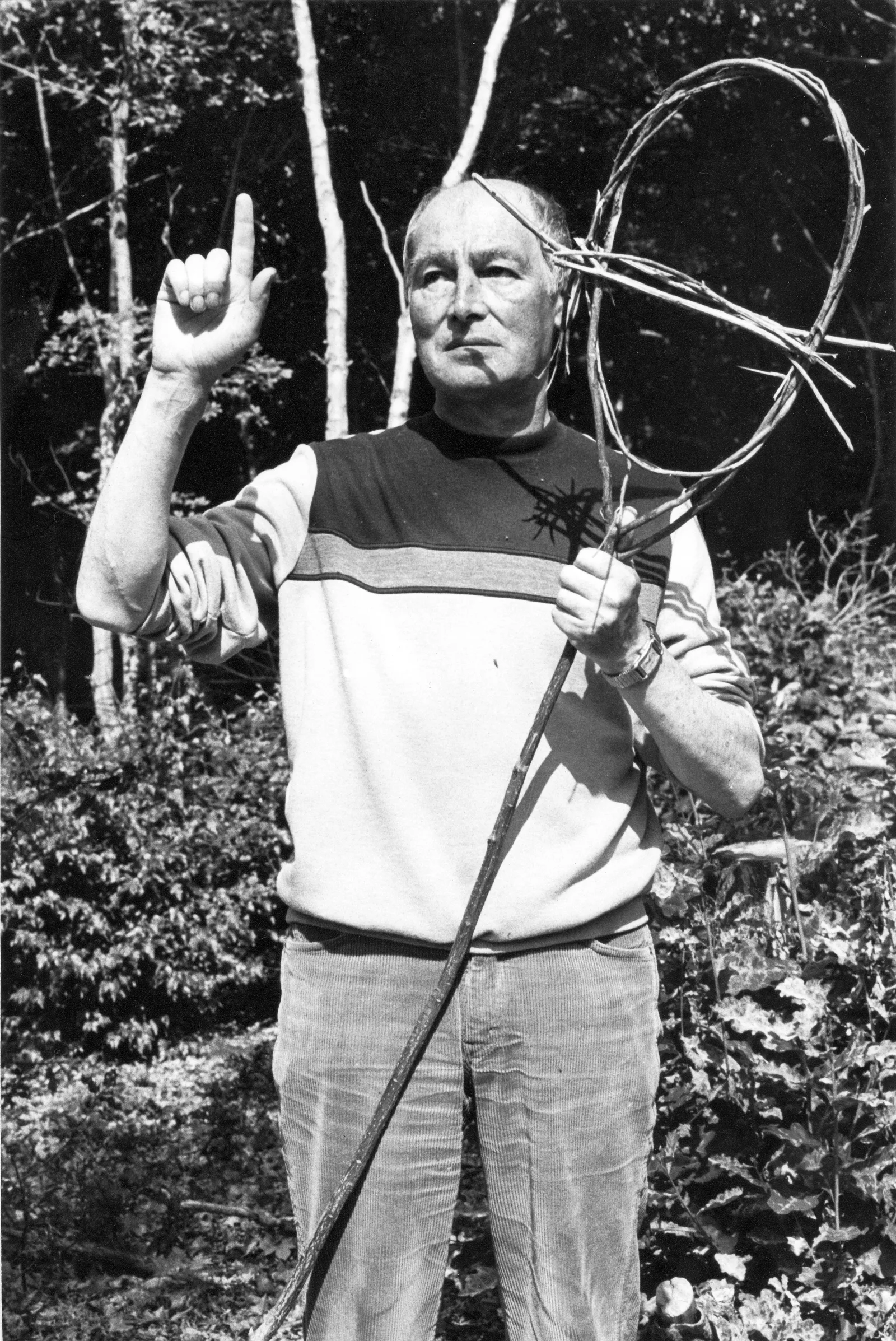 Alex Sanders holding the holly wand, Sidley Woods, 17 July 1982
