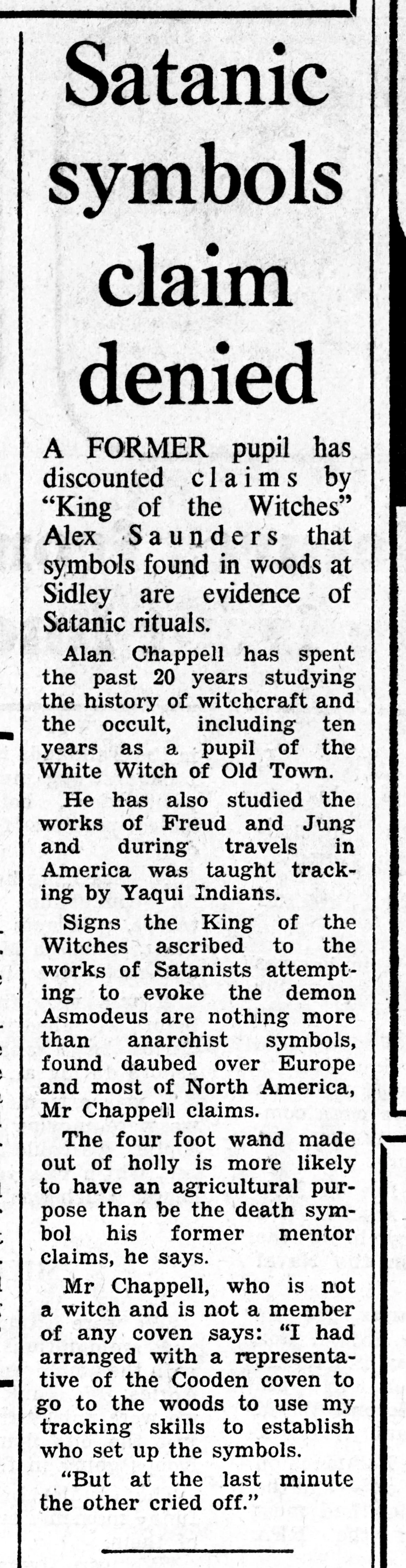 'Satanic symbols claim denied', Bexhill Observer, 31 July 1982