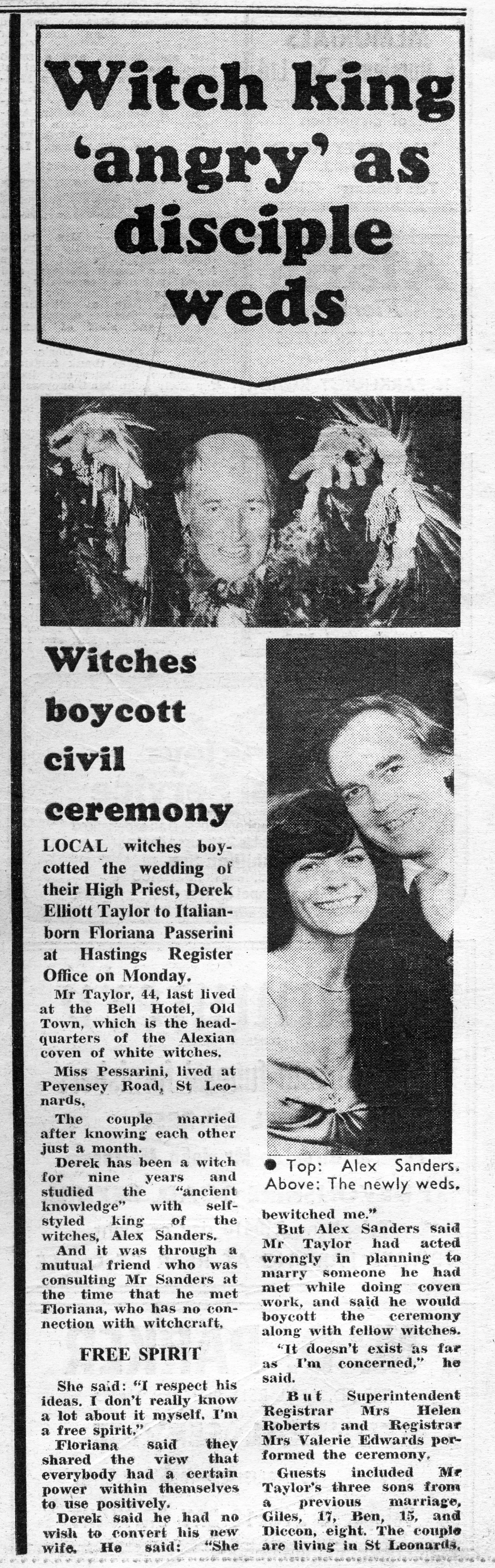 'Witch king "angry" as disciple weds', Bexhill Observer, 15 October 1983