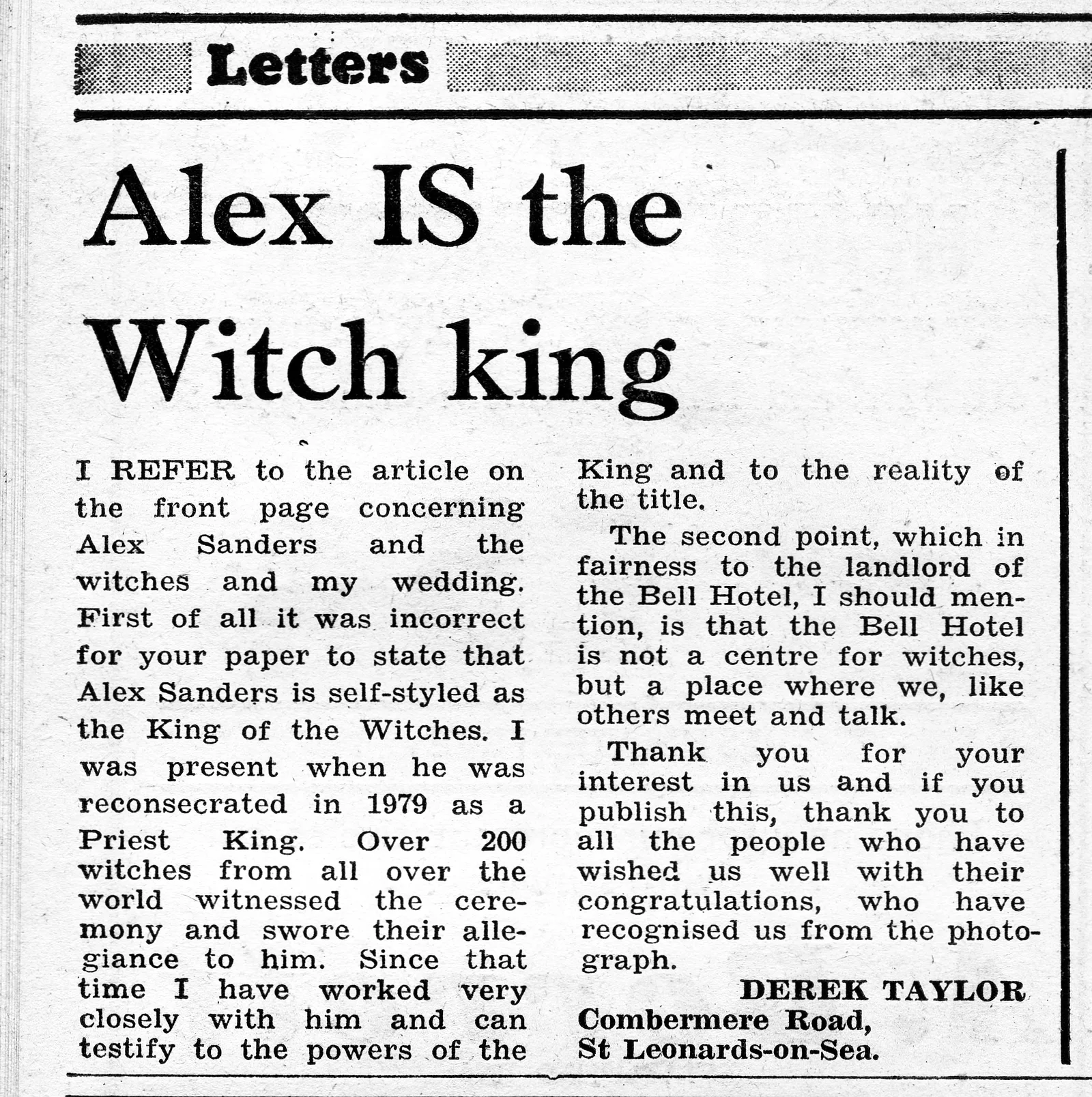 'Alex IS the Witch king', Bexhill Observer, 29 October 1983