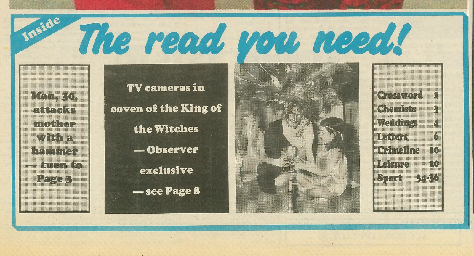 'TV cameras in coven of the King of the Witches', front-page panel, Bexhill Observer, 1 August 1985