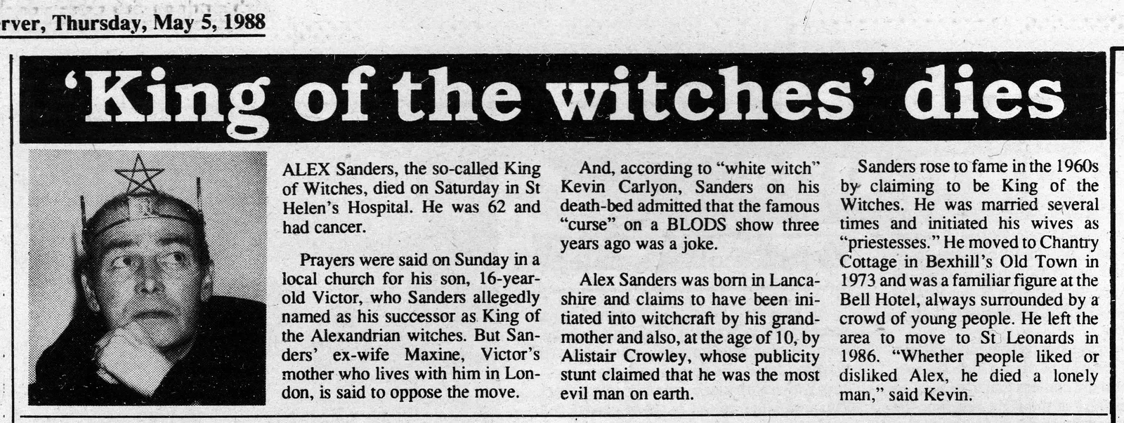 '"King of the witches" dies', Bexhill Observer, 5 May 1988