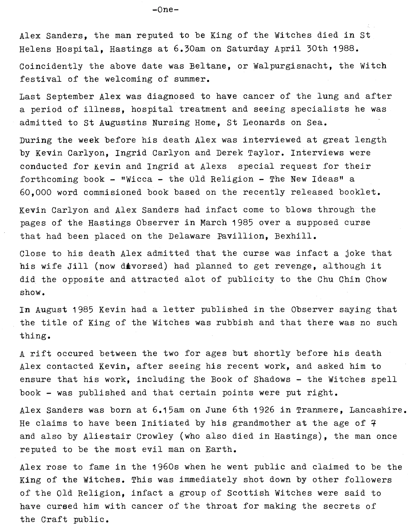'Alex by Kevin', Kevin Carlyon's typed account of Alex Sanders, four pages, 1988