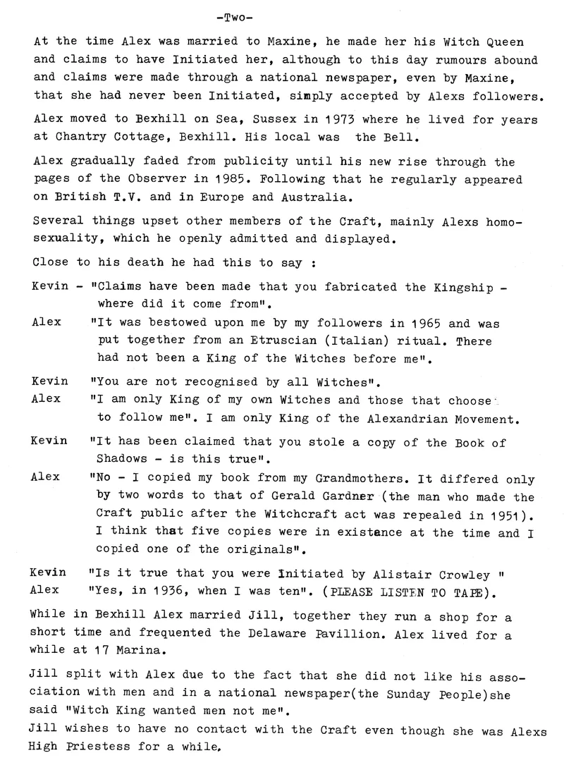 'Alex by Kevin', Kevin Carlyon's typed account of Alex Sanders, four pages, 1988
