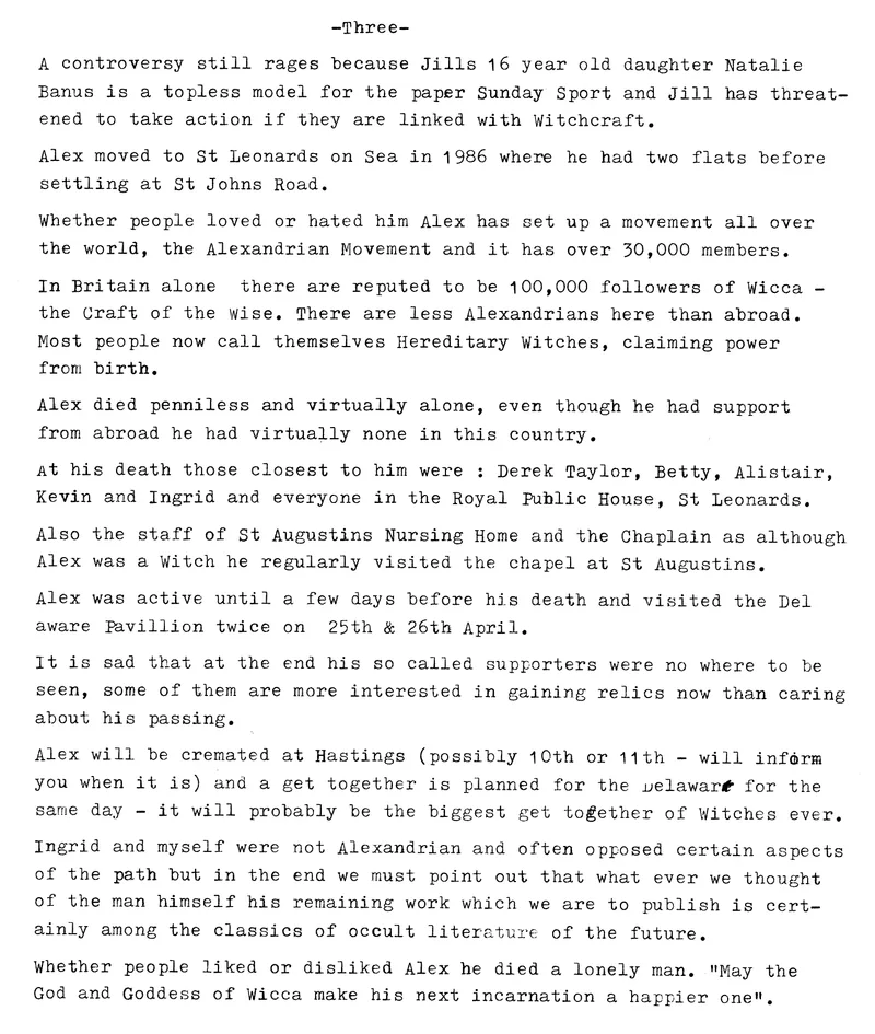 'Alex by Kevin', Kevin Carlyon's typed account of Alex Sanders, four pages, 1988