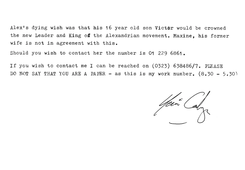 'Alex by Kevin', Kevin Carlyon's typed account of Alex Sanders, four pages, 1988
