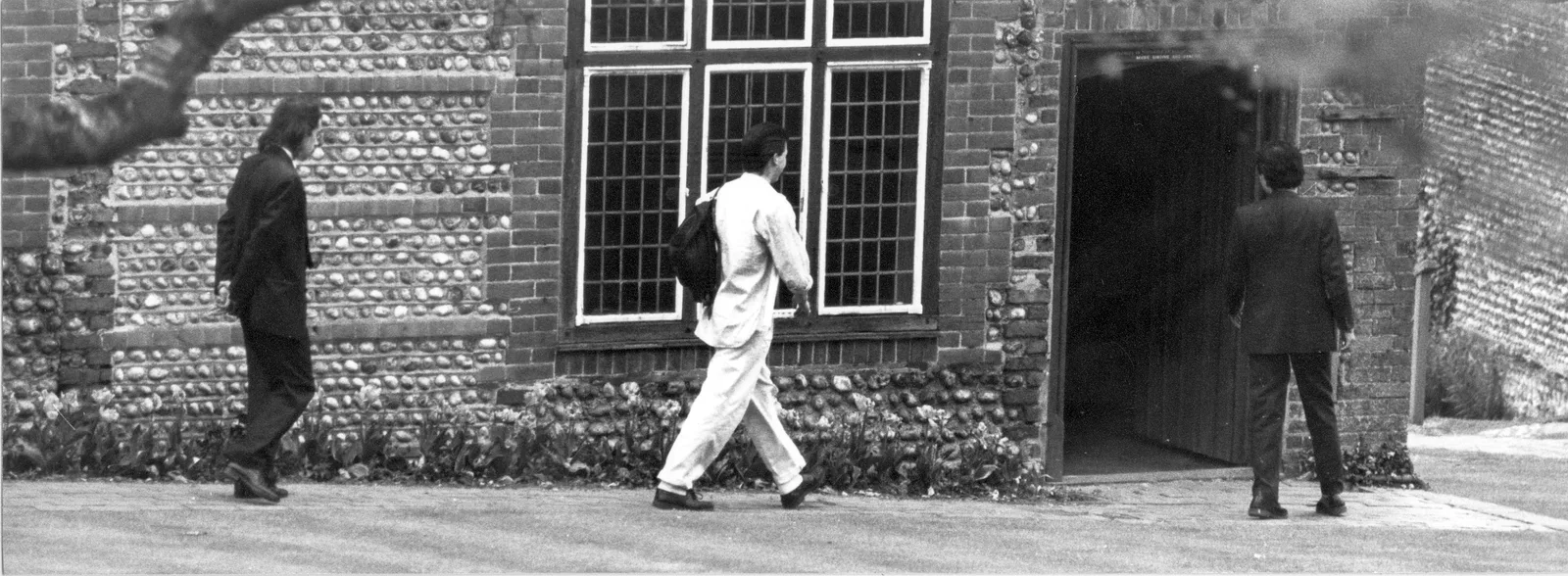 Victor Sanders and companions outside the Manor Barn, Bexhill Old Town, 19 May 1988
