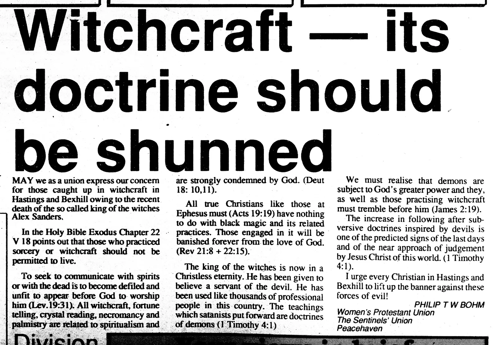 'Witchcraft, its doctrine should be shunned', letter, Bexhill Observer, 26 May 1988