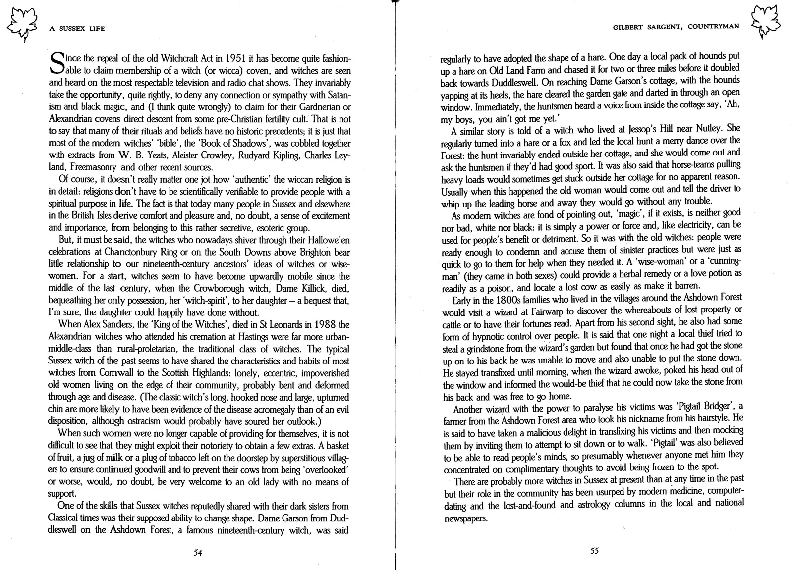 'A Sussex Life: The Memories of Gilbert Sargent', edited by Dave Arthur, pages on Sussex witches, 1989