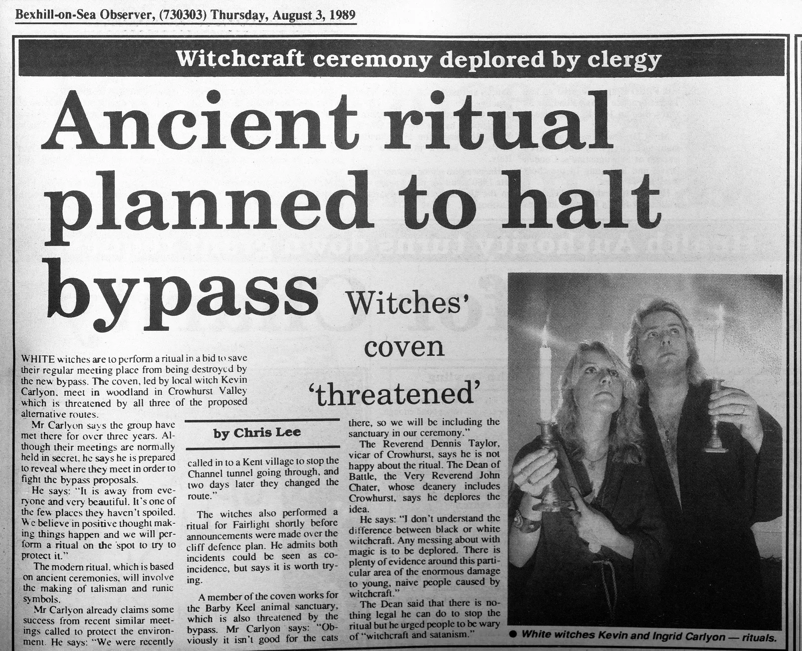 'Ancient ritual planned to halt bypass', Bexhill Observer, 3 August 1989