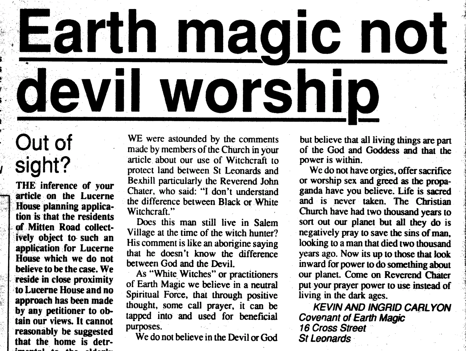 'Earth magic not devil worship', letter, Bexhill Observer, 10 August 1989