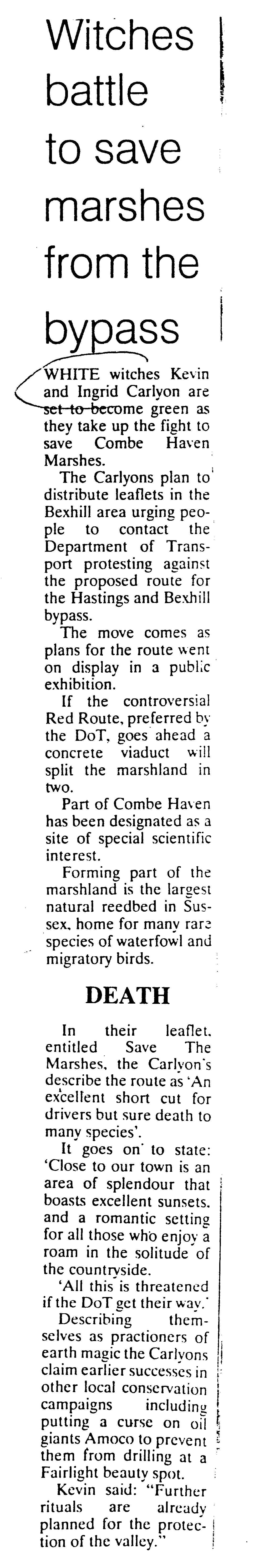 'Witches battle to save marshes from the bypass', Bexhill Observer, 9 October 1991