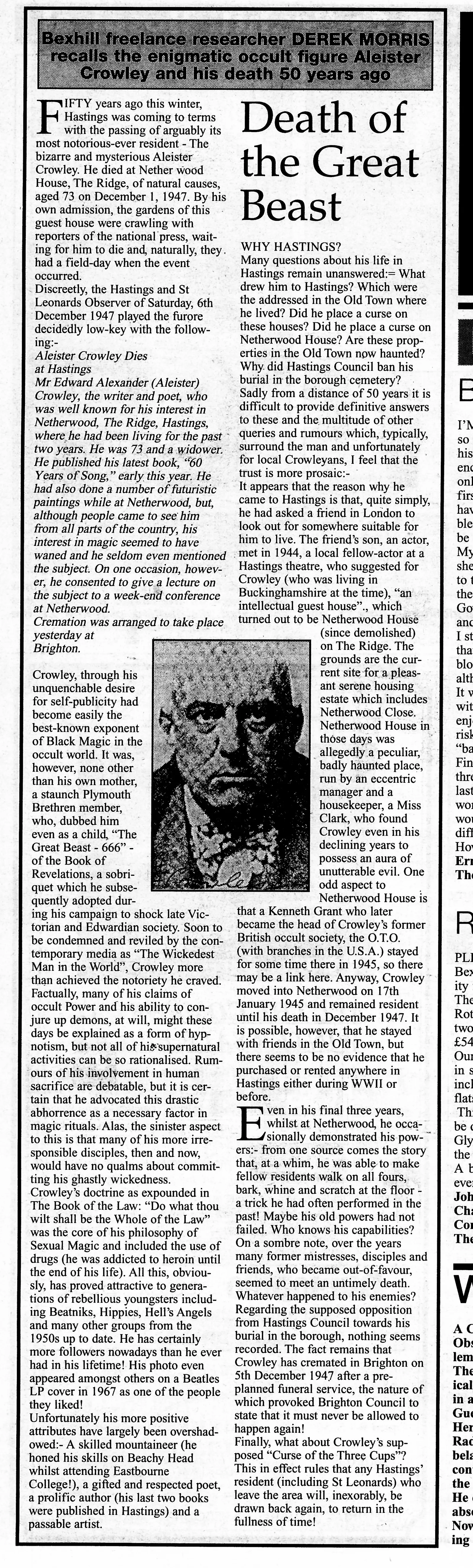 'Death of the Great Beast', Bexhill Observer, 2 January 1998