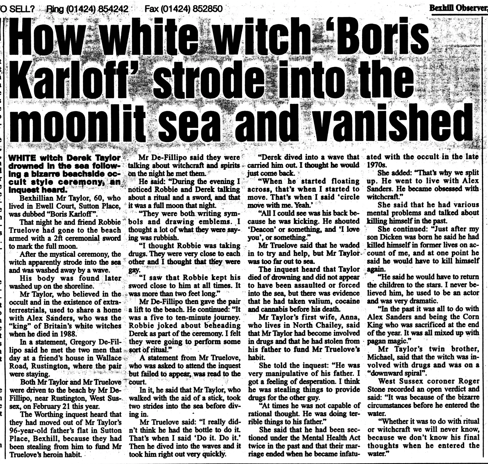 Report of the inquest into the death of Derek Taylor, Bexhill Observer, 1 December 2000