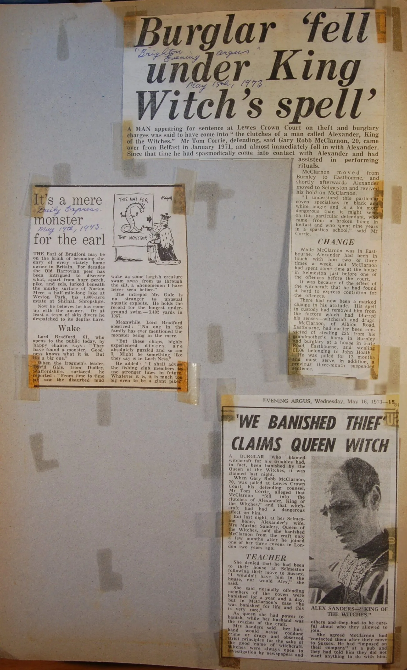 Newspaper articles - (Burglar fell under King Witch's spell) ("We banished thief" Claims Queen Witch)