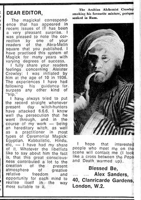 Letter from Alex Sanders on Aleister Crowley, International Times, 5 October 1967