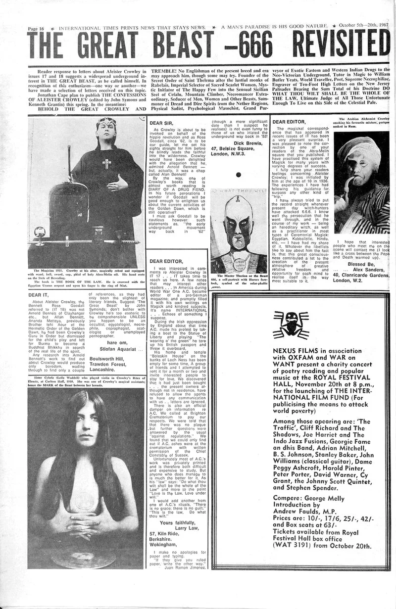Letter from Alex Sanders on Aleister Crowley, International Times, 5 October 1967