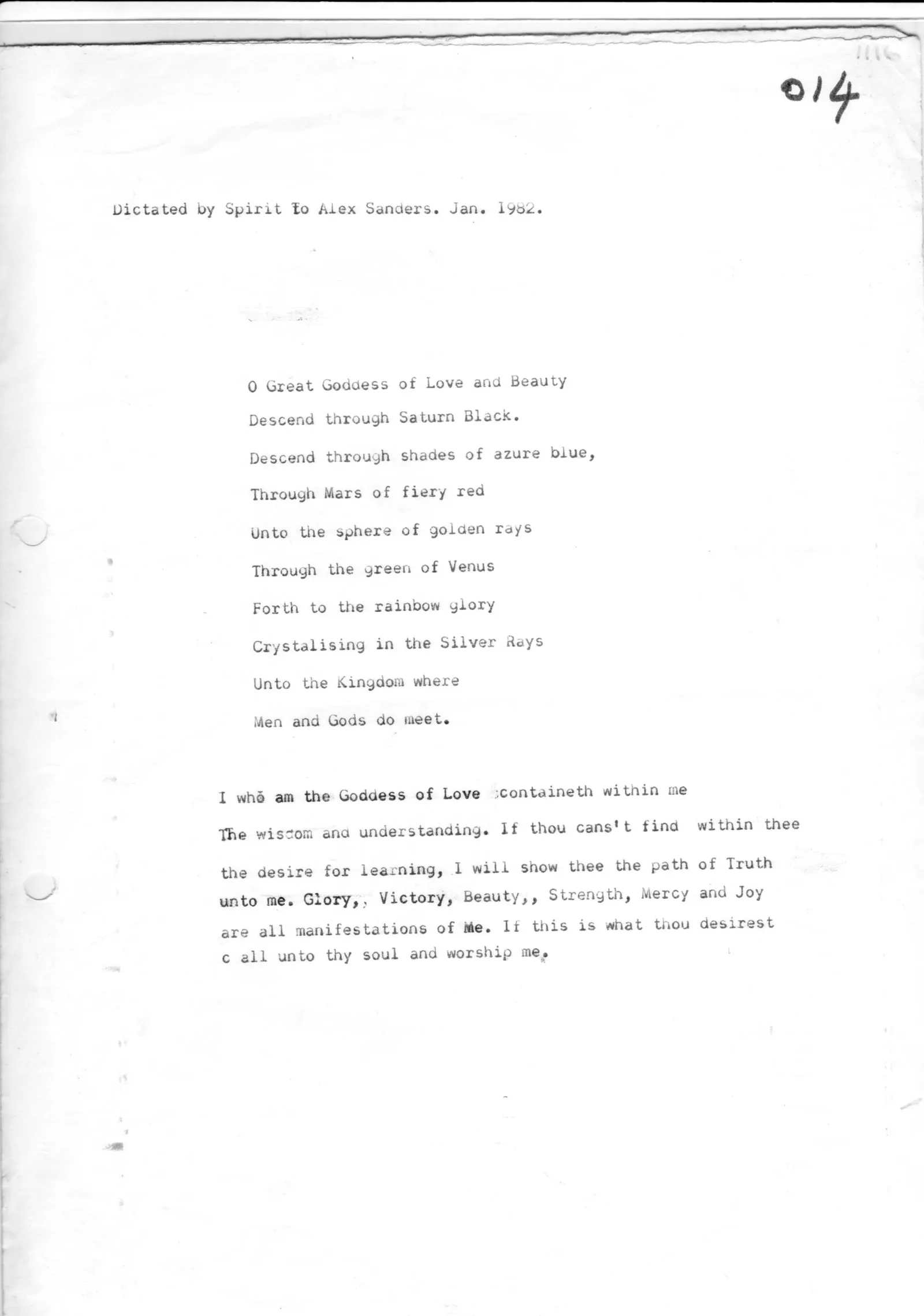 Dictated by Spirit to Alex. January 1982