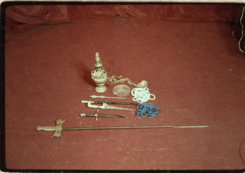Images of Alex and Maxine Sanders with Tarot cards plus other ritual items