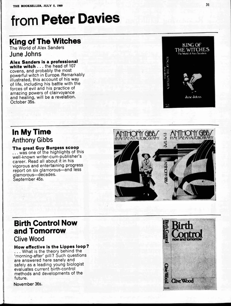Advertisement for 'King of the Witches', Peter Davies, The Bookseller, 5 July 1969
